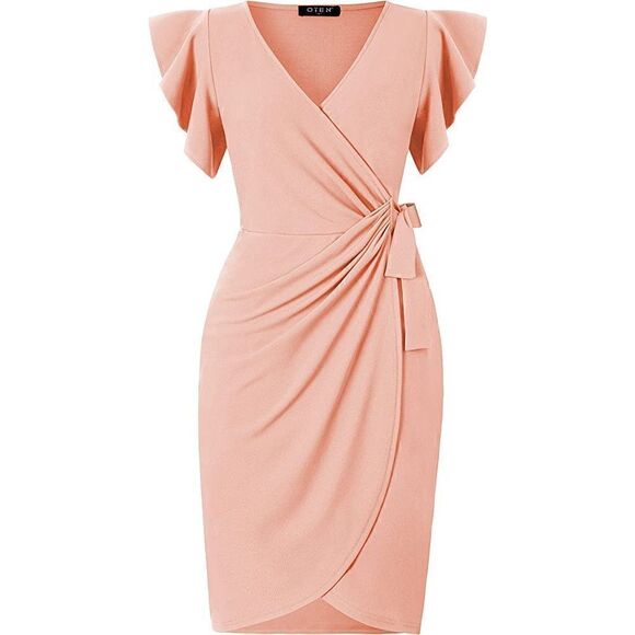 oten size small V Neck Ruffle Sleeve Sheath Casual Cocktail Party Work Faux Wrap - Picture 2 of 6